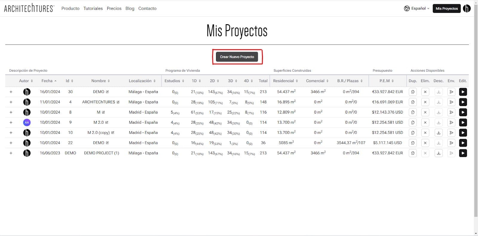 Botón Crear nuevo proyecto en ARCHITEChTURES
