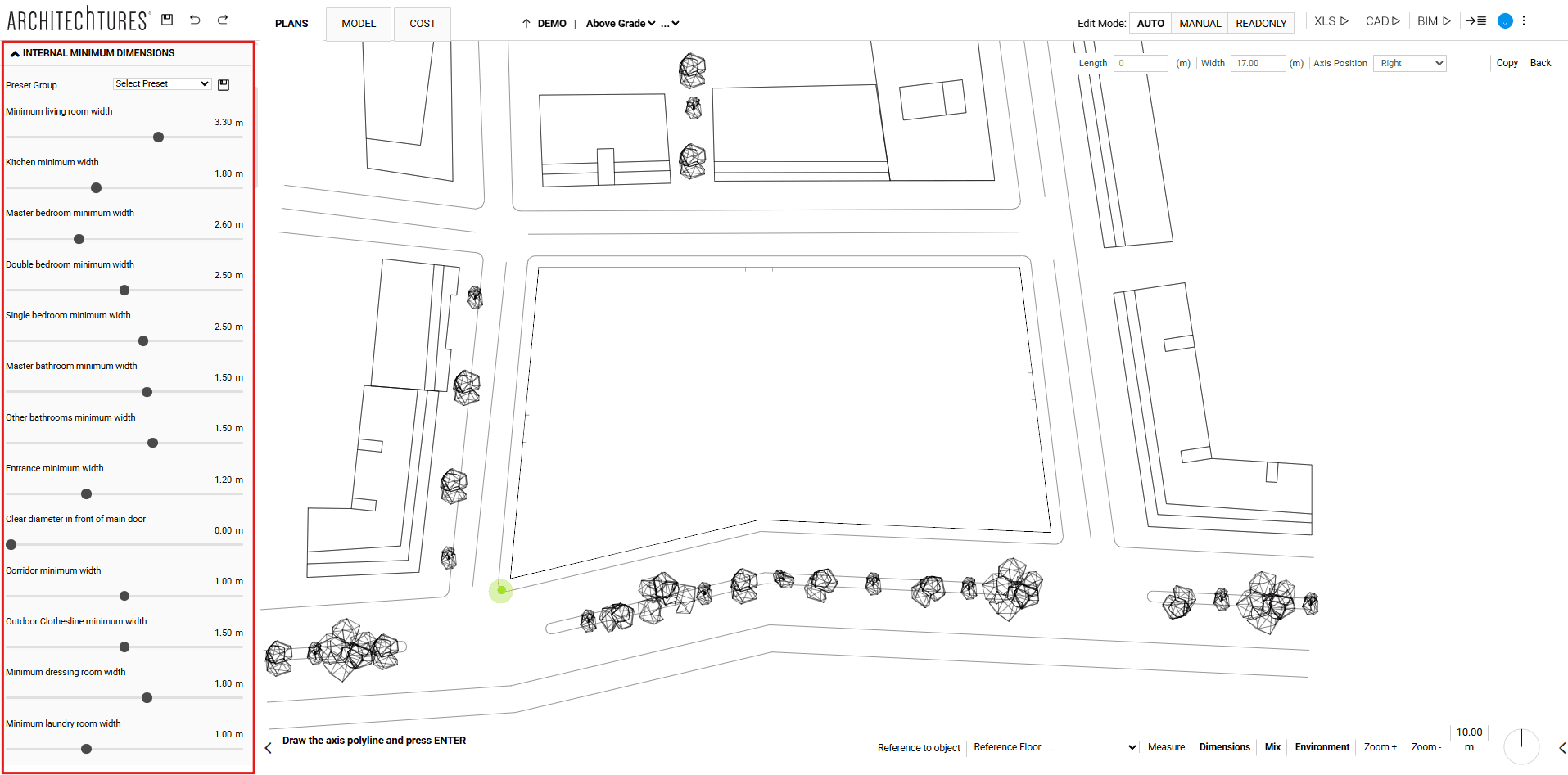 internal minimun dimensions in the input panel of ARCHITEChTURES