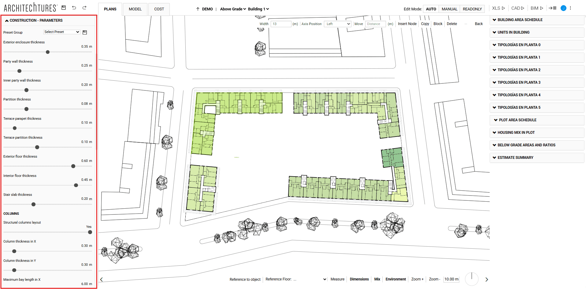 Construction parameters in the ARCHITEChTURES input panel