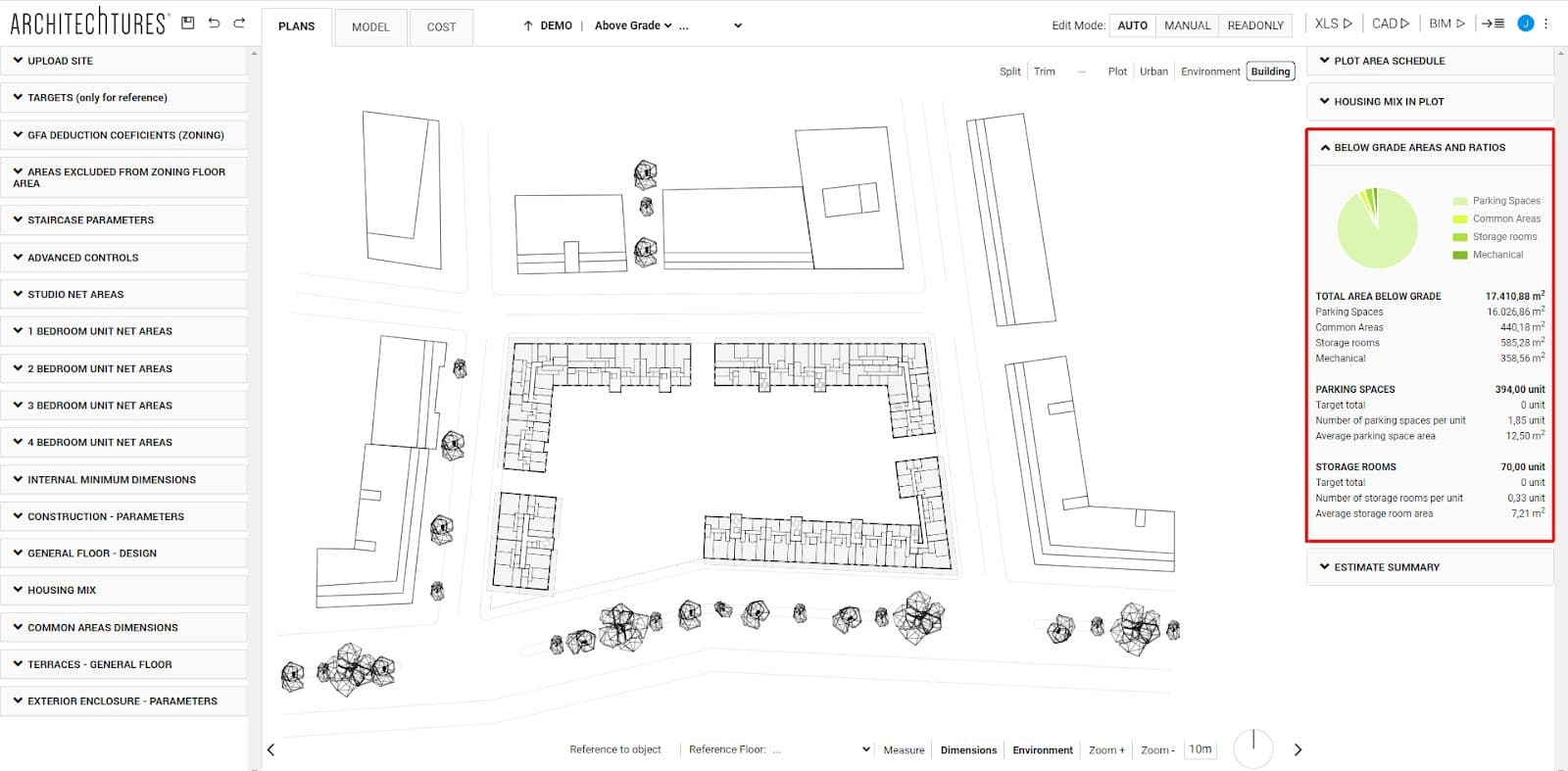 Below grade areas and ratios in the ARCHITEChTURES editor