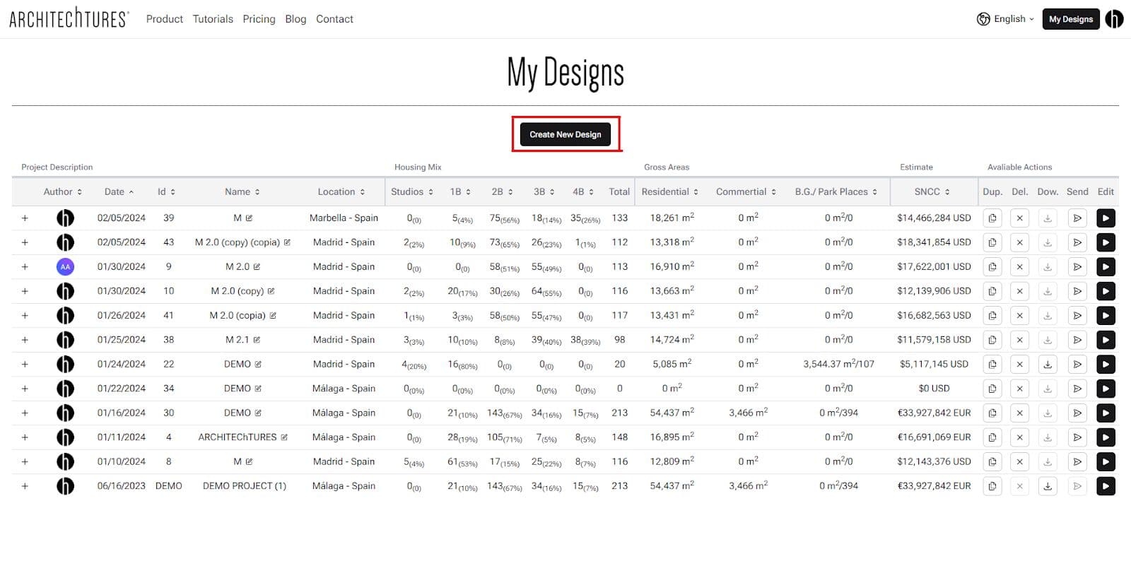 Create new designs button in ARCHITEChTURES