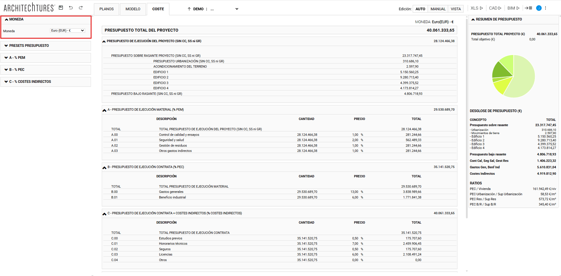 Pestaña moneda en vista coste de ARCHITEChTURES