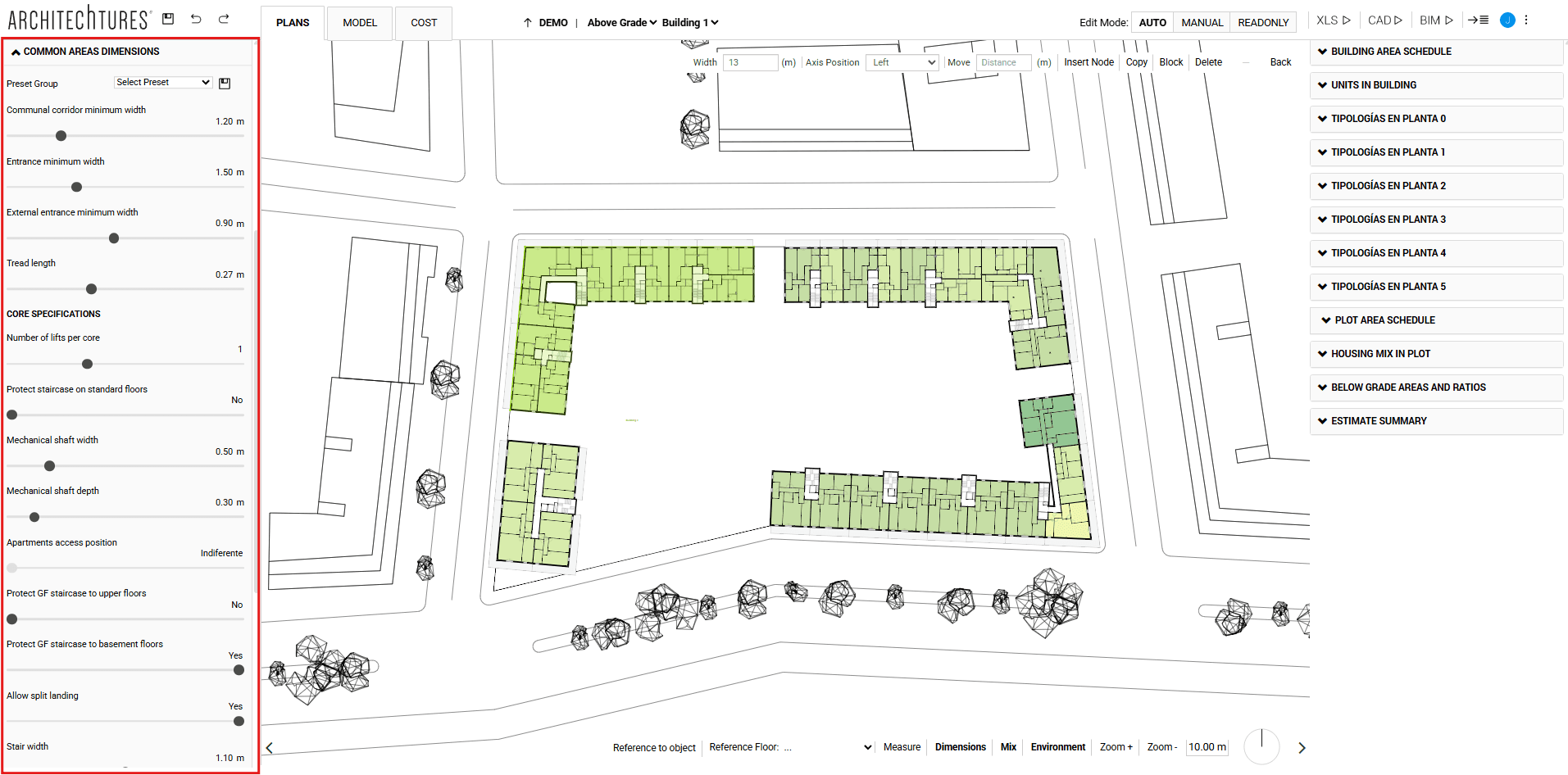 Common areas dimensions in the ARCHITEChTURES input panel