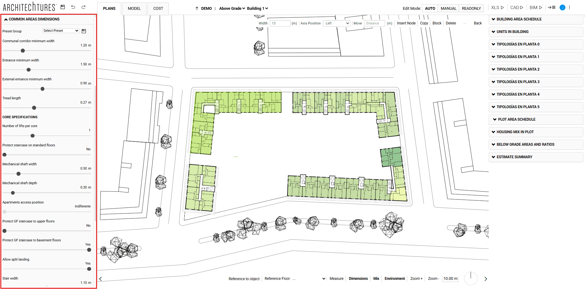 Common areas dimensions in the ARCHITEChTURES input panel
