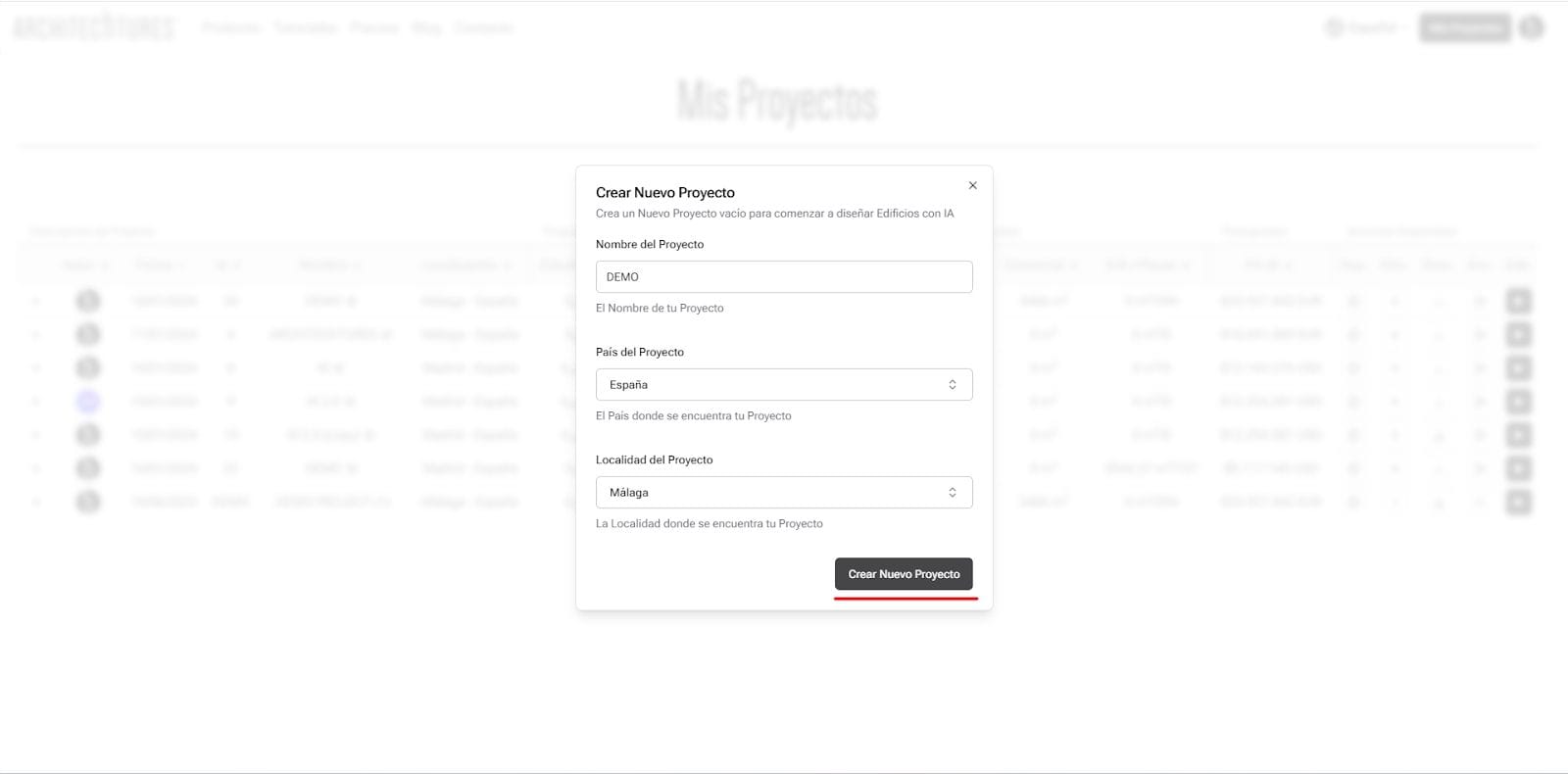 Formulario para crear nuevo proyecto en ARCHITEChTURES