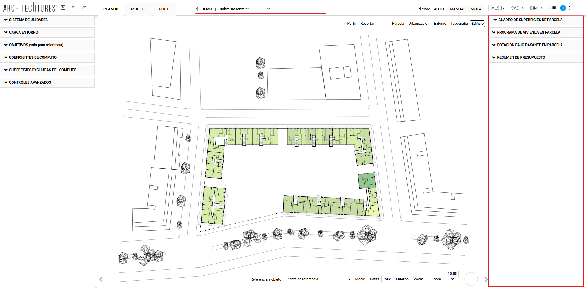 Panel de datos en el editor de ARCHITEChTURES