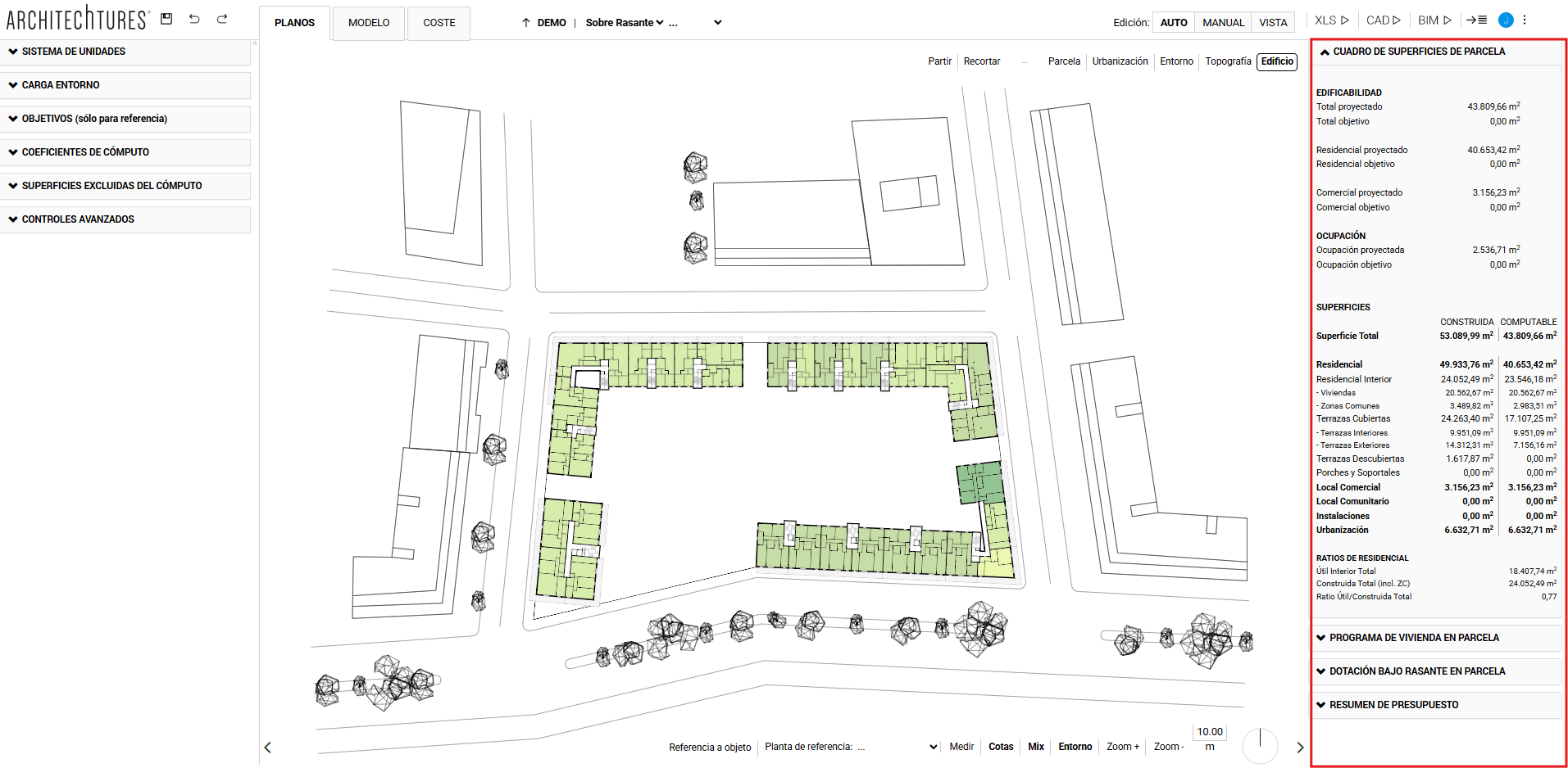 Cuadro de superfies de parcela en el editor de ARCHITEChTURES