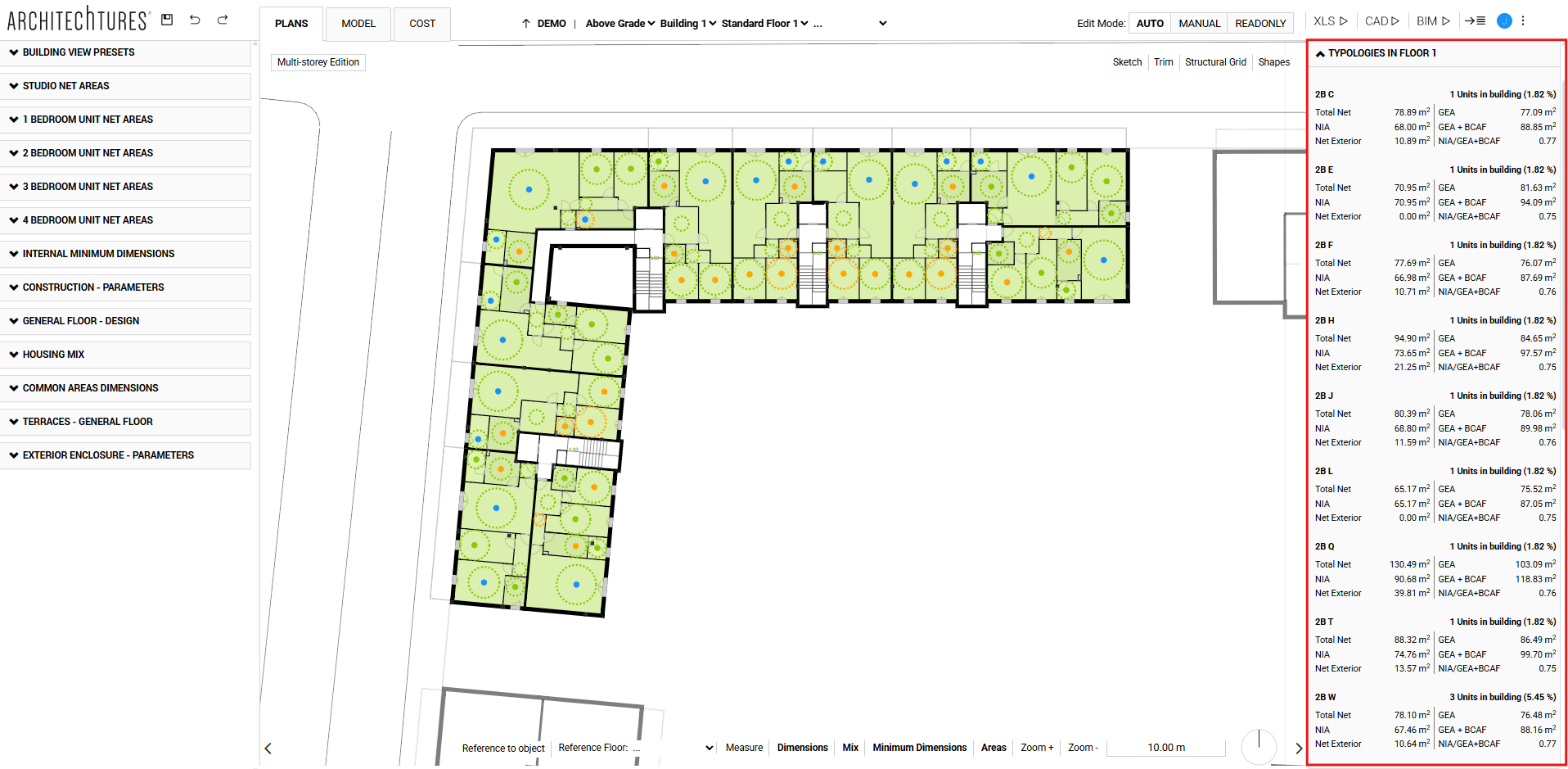 Typologies in floor in the ARCHITEChTURES editor