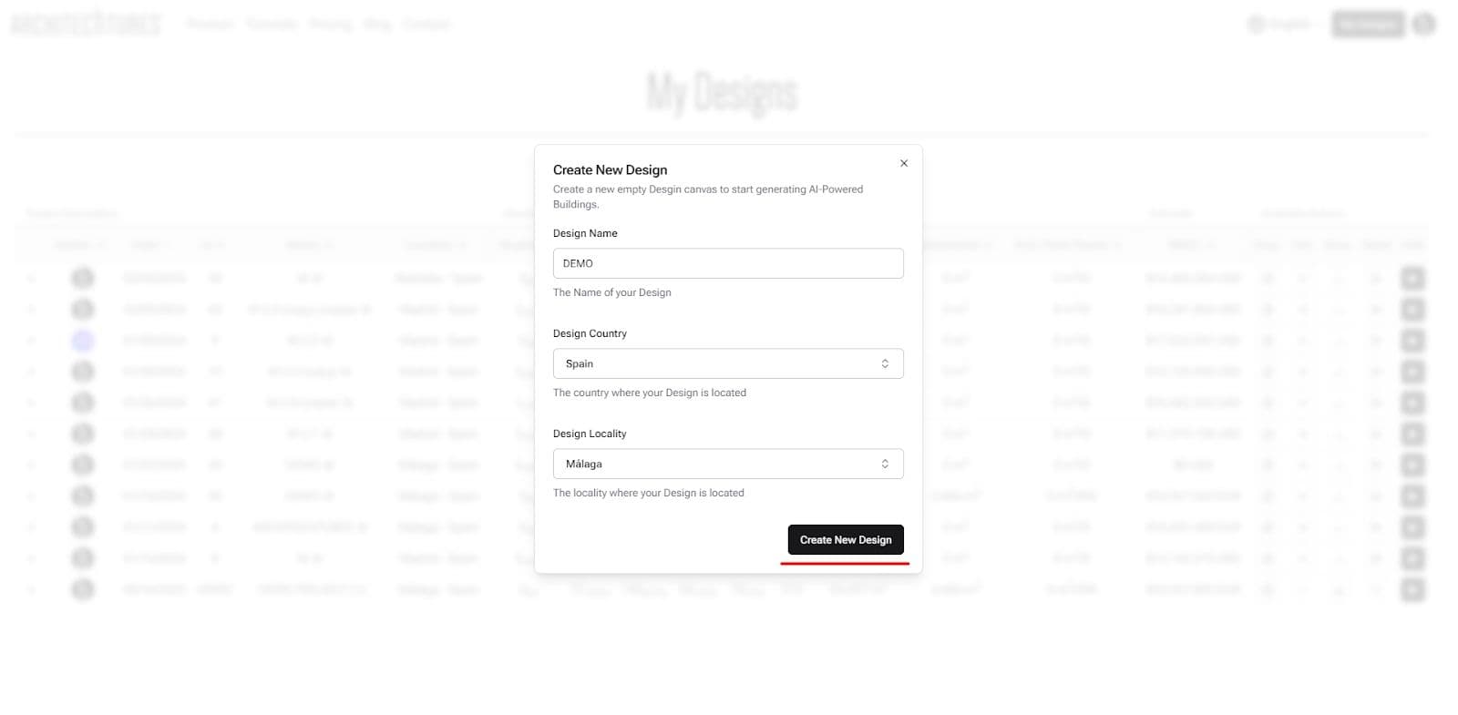 Form to create a new project in ARCHITEChTURES