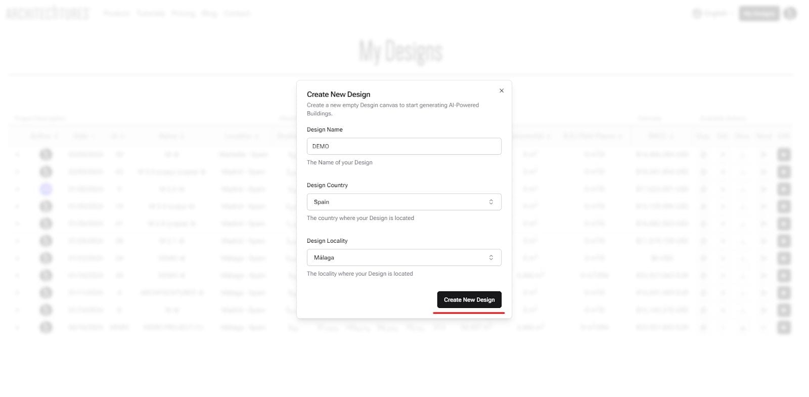 Form to create a new project in ARCHITEChTURES