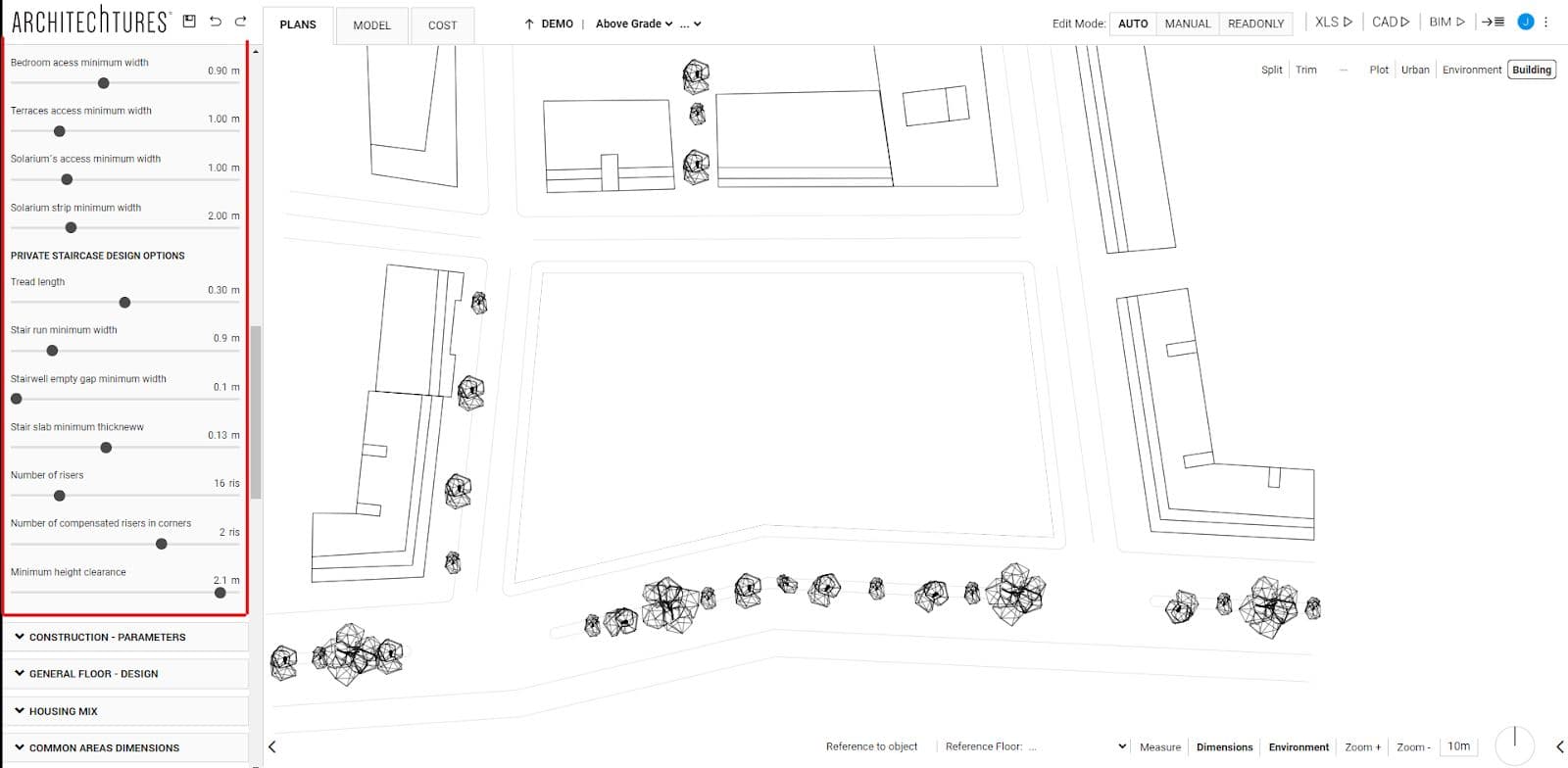 internal minimun dimensions in the input panel of ARCHITEChTURES