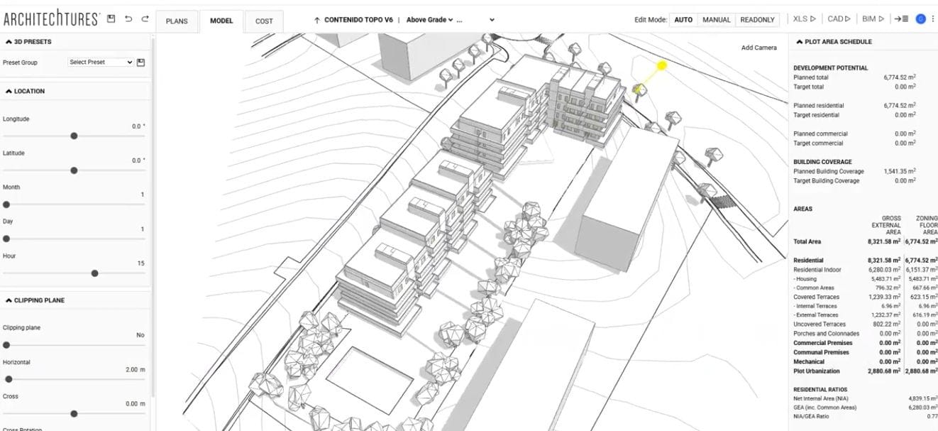 Staggered building design with platforms on imported topography