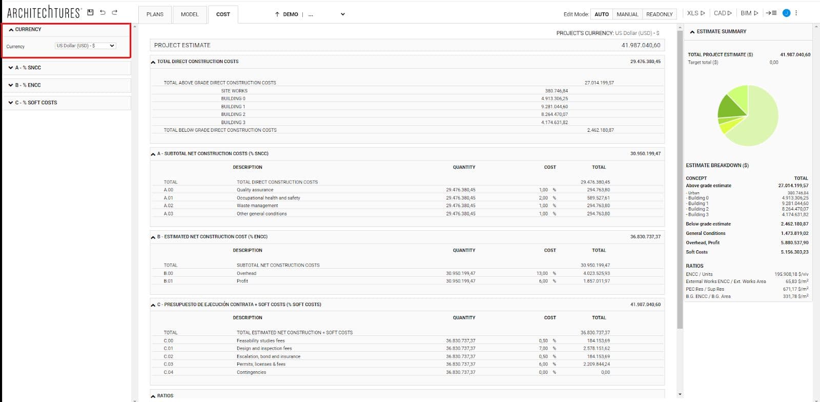 Currency tab in cost view of ARCHITEChTURES