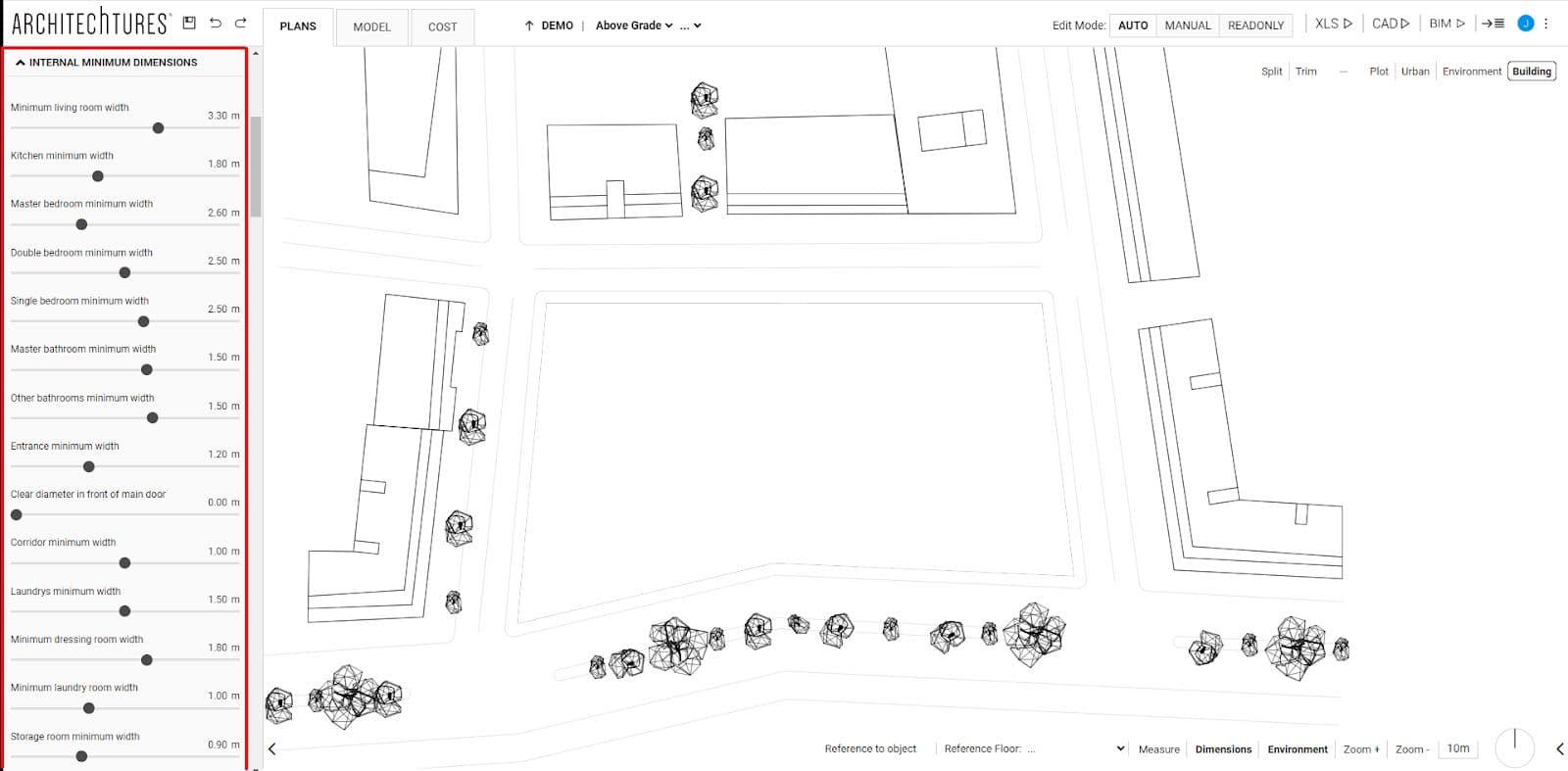 internal minimun dimensions in the input panel of ARCHITEChTURES