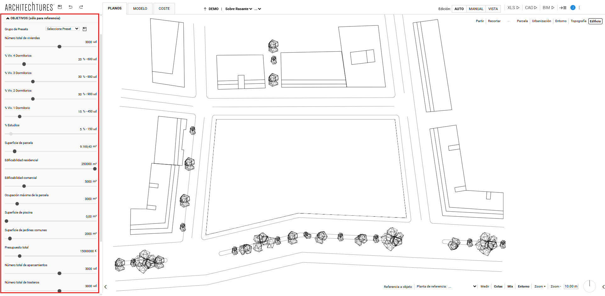 Slider Objetivos en el panel input de ARCHITEChTURES