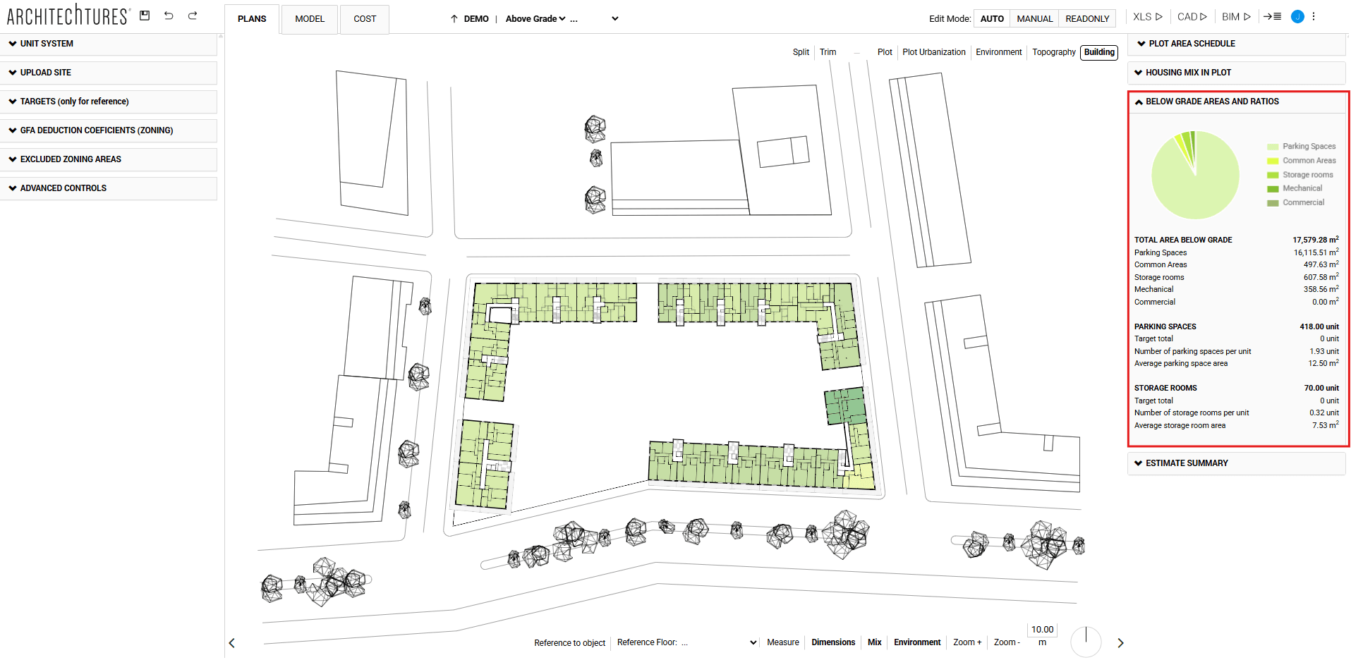 Below grade areas and ratios in the ARCHITEChTURES editor