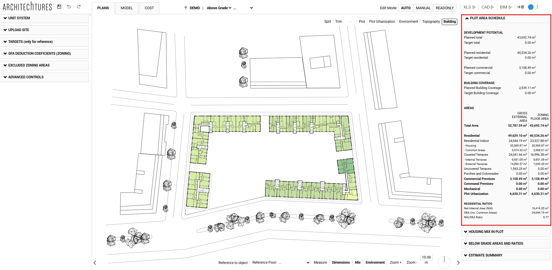 Plot area schedule in the ARCHITEChTURES editor