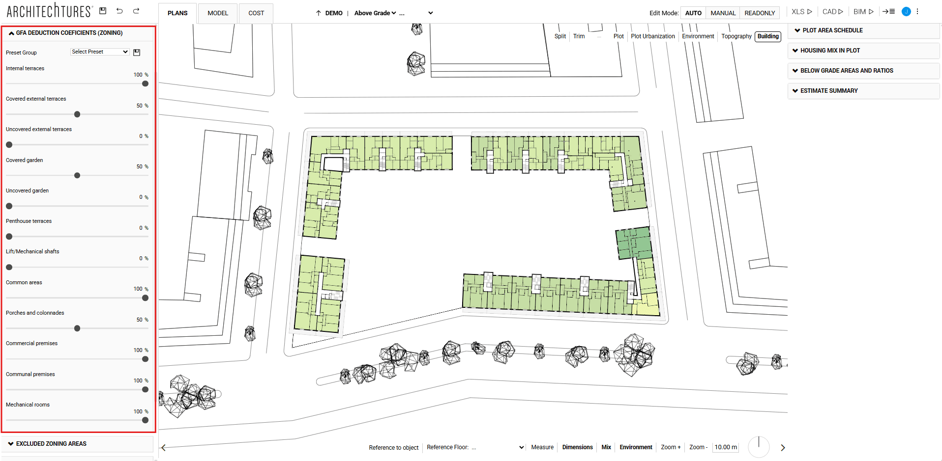 GFA Deduction coefficients in the ARCHITEChTURES input panel