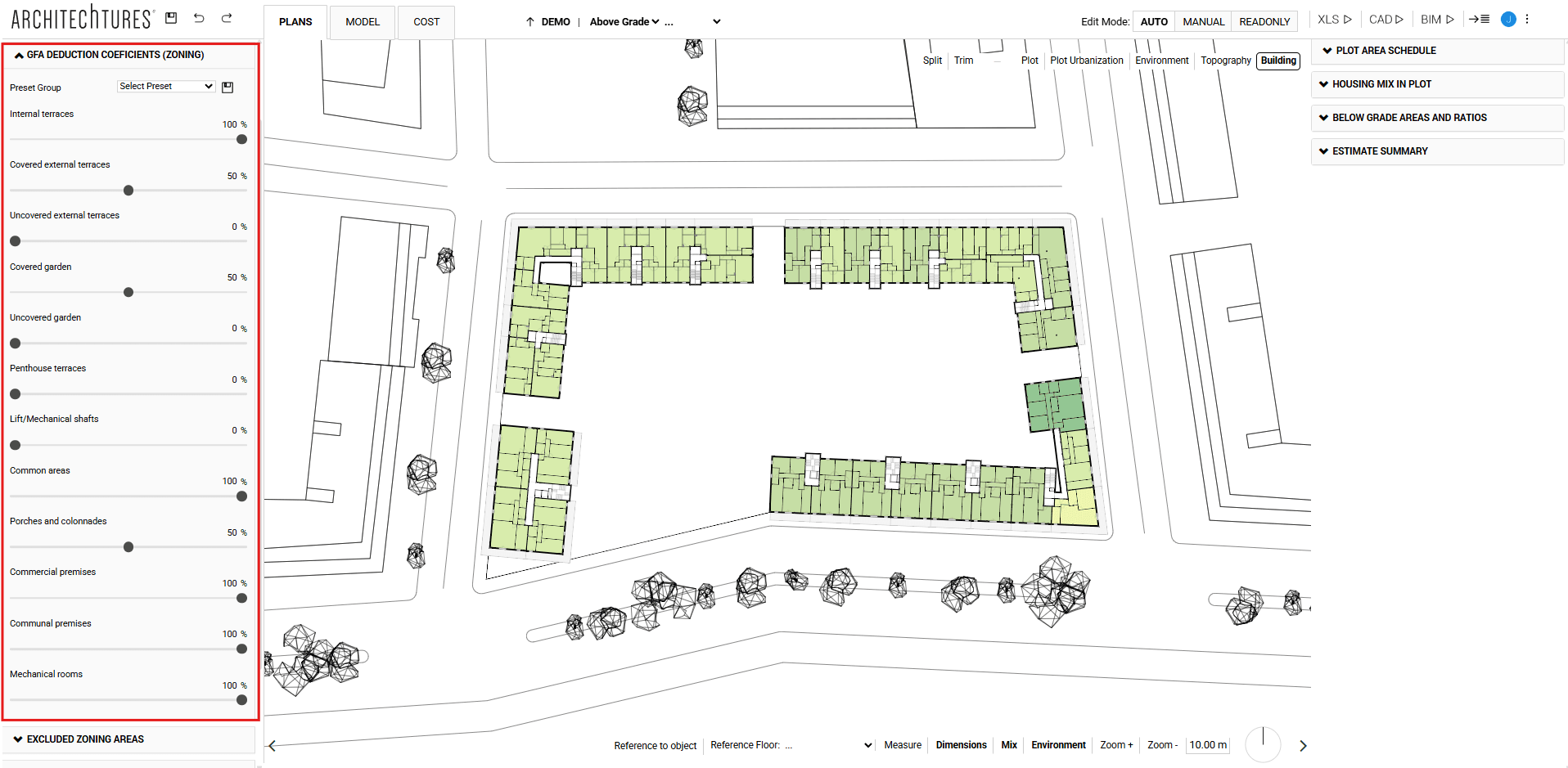 GFA Deduction coefficients in the ARCHITEChTURES input panel