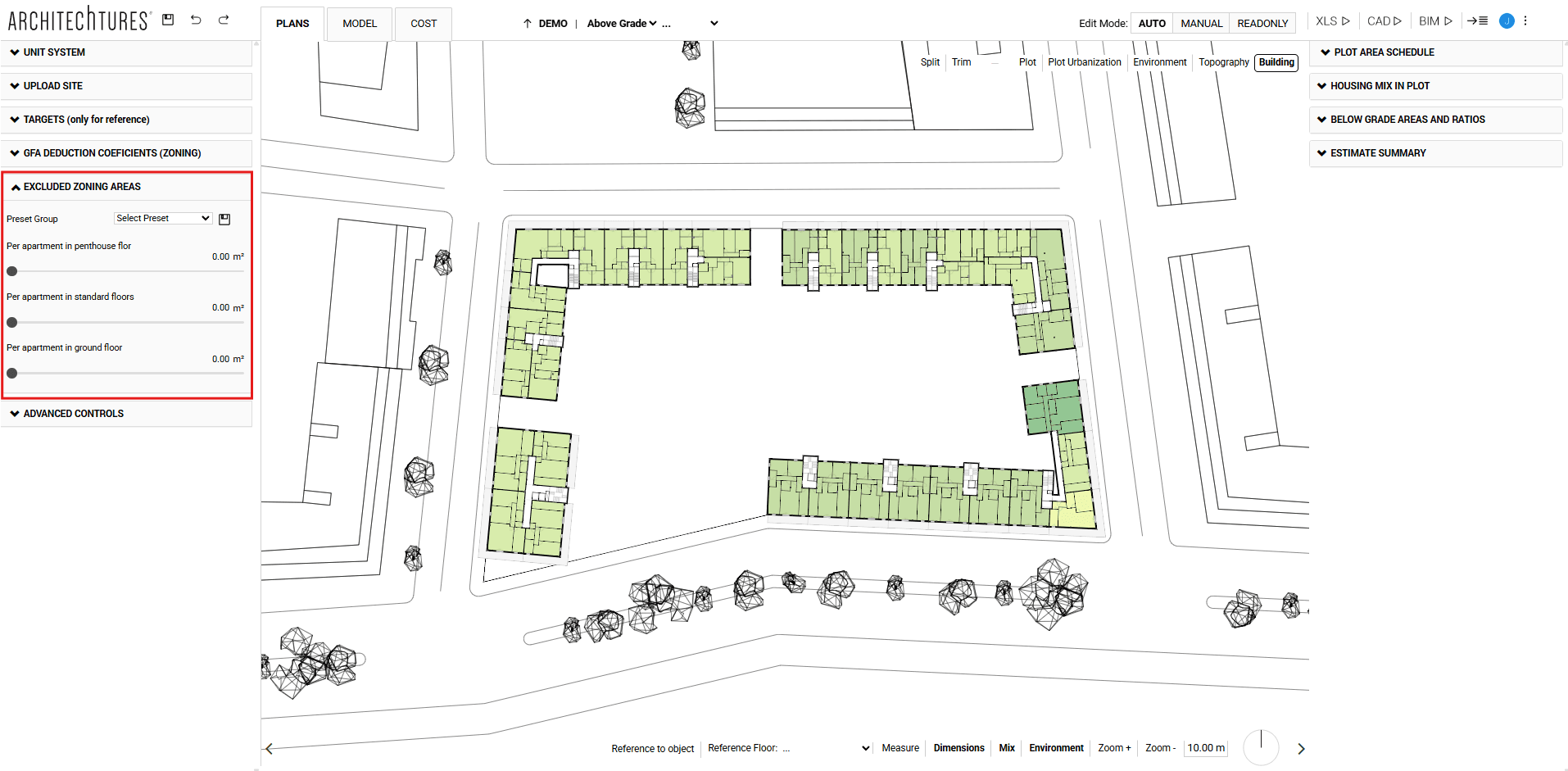 Areas excluded in the ARCHITEChTURES input panel