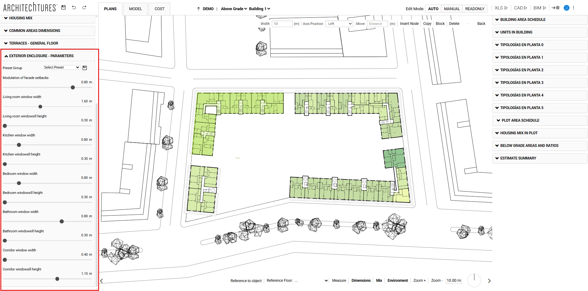 Exterior enclosure parameters in the ARCHITEChTURES input panel