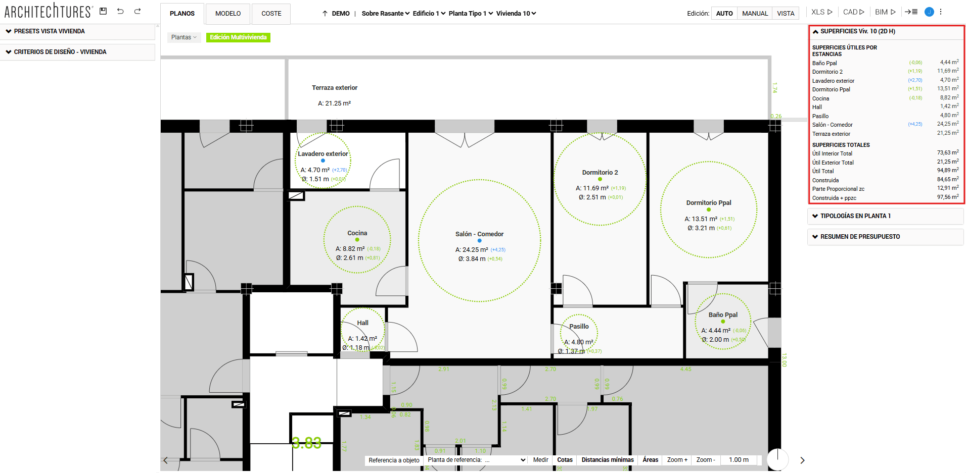 Superficies de viviendas en el editor de ARCHITEChTURES
