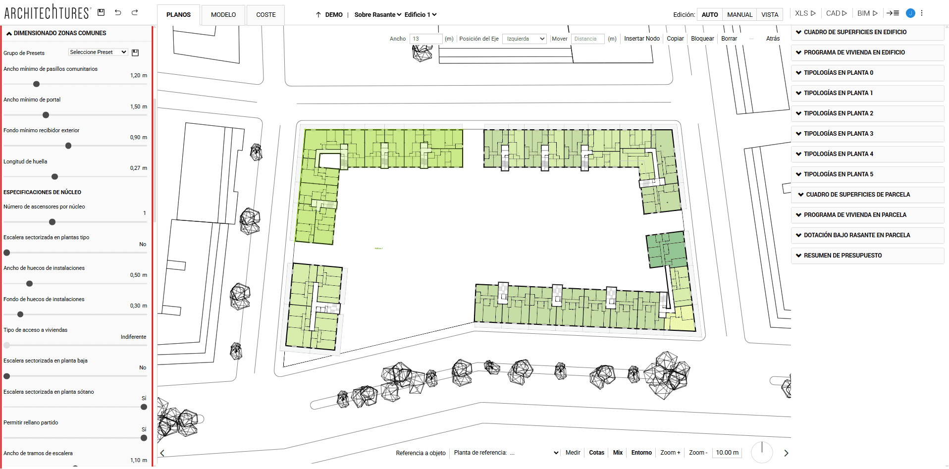 Dimensionado de zonas comunes en el panel input de ARCHITEChTURES