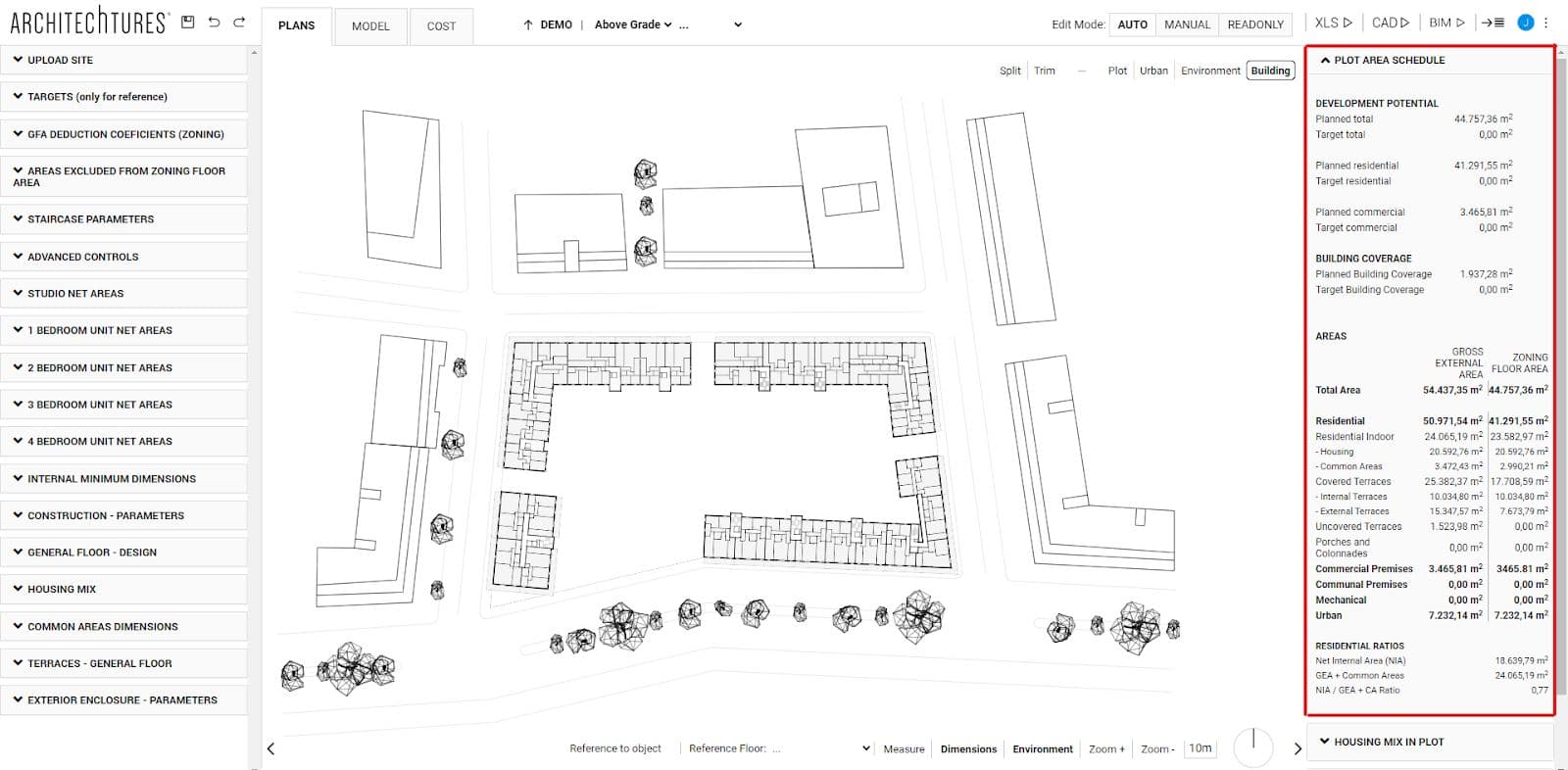 Plot area schedule in the ARCHITEChTURES editor