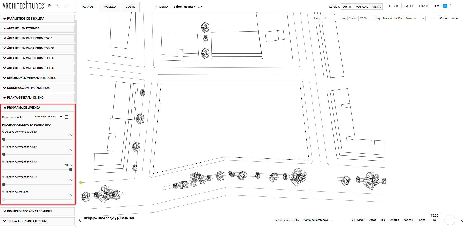 Slider objetivos en planta en el panel de input de ARCHITEChTURES